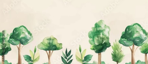 Eco-friendly idea: tree crowns with green leaves and hand-drawn cartoon tree trunks. Preserve the environment, save forests, plant trees, halt deforestation. photo