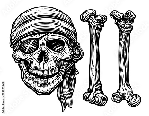 Skull and Bones. Pirate sketch. Hand drawn vintage vector illustration engraving style