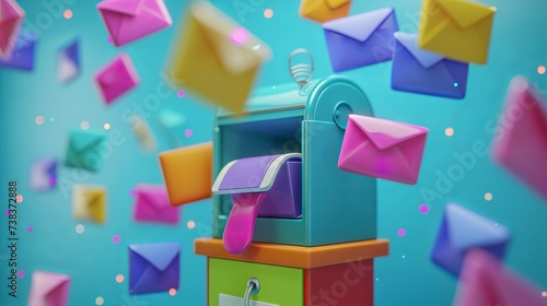 The concept of email, marketing emails, and a mailbox adorned with colored envelopes, all surrounded by icons. photo