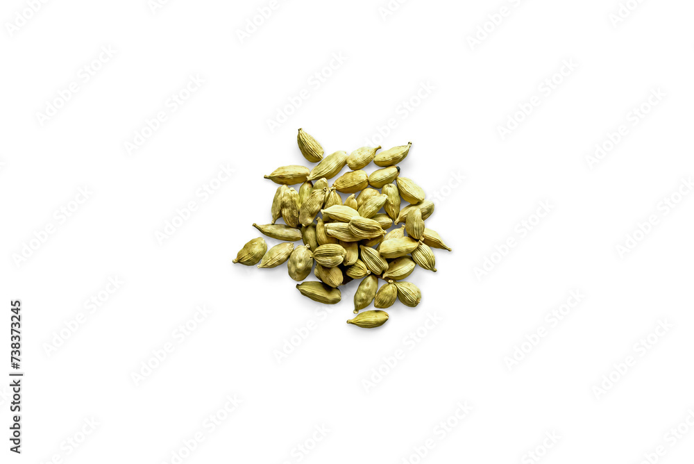 close-up of a pile of organic dry cardamom seeds isolated on a transparent background with shadow from above, top view, png close-up of a pile of organic dry cardamom seeds isolated on a transparent background with shadow from above, top view, png