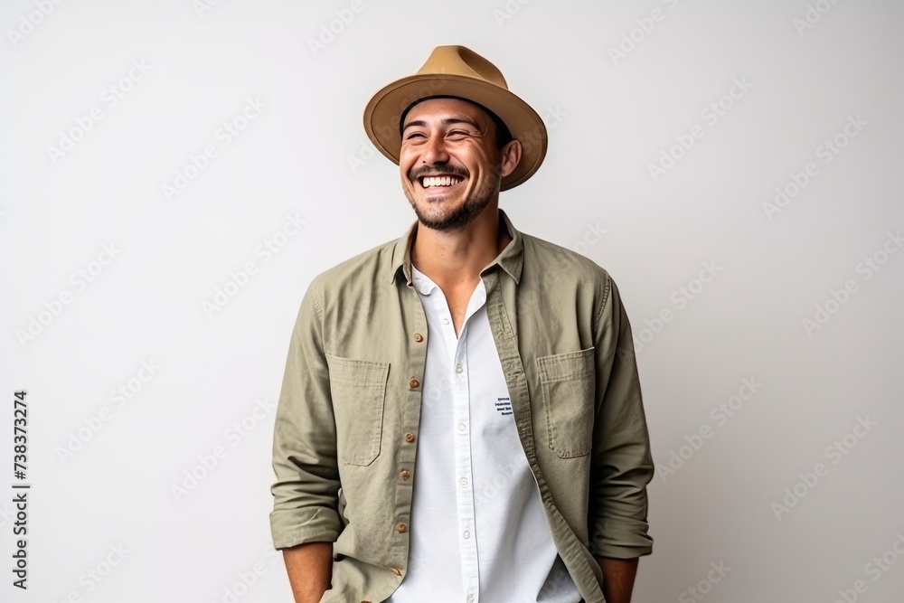 Portrait of a handsome young man wearing hat and green shirt smiling Portrait of a handsome young man wearing hat and green shirt smiling