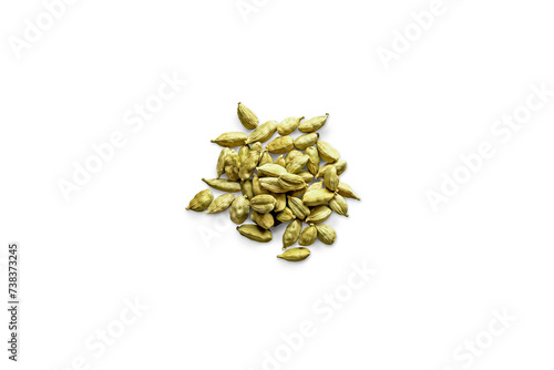close-up of a pile of organic dry cardamom seeds isolated on a transparent background with shadow from above, top view, png
