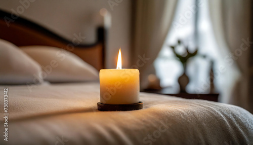 ベッドの上に1本のキャンドルが灯され、温かく居心地の良い雰囲気の部屋