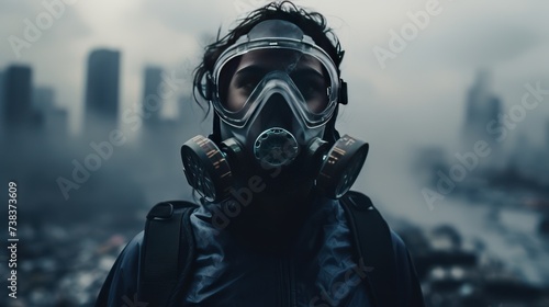 People is wearing a pandemic radiation gas mask respirator photo