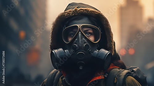 People is wearing a pandemic radiation gas mask respirator
