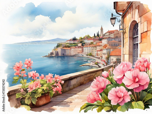 Watercolor illustration with spring flowers on the background of an ancient European city, sea and mountains. © Olga