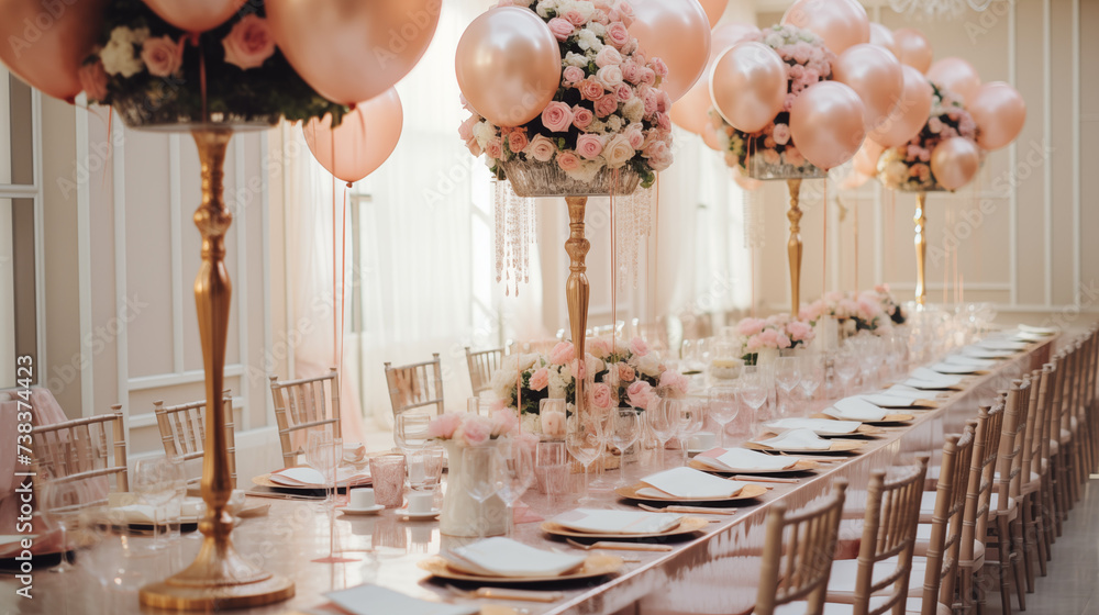 Zastawa stołowa na przyjęciu urodzinowym lub chrzcinach - dekoracja stołów na przyjęciu przez florystę i dekoratora. Piękne bukiety kwiatów na stoliku i balony - obrazy, fototapety, plakaty 