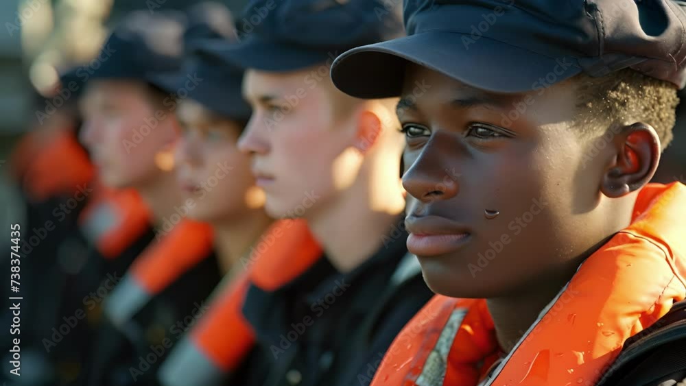 A group of young cadets participate in a rigorous training exercise learning the importance of pride and professionalism in their future careers as maritime officers. A group of young cadets participate in a rigorous training exercise learning the importance of pride and professionalism in their future careers as maritime officers.