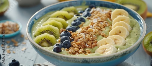 Smoothie bowl packed with banana, kiwi, blueberry, granola, and coconut