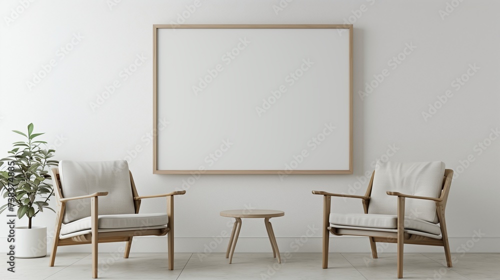 living room featuring an empty frame mockup, accentuating the allure of a white wall adorned with two stylish wooden chairs, embodying simplicity and modern elegance in home decor. living room featuring an empty frame mockup, accentuating the allure of a white wall adorned with two stylish wooden chairs, embodying simplicity and modern elegance in home decor.