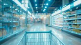 Abstract blurred photo of supermarket with empty shopping cart shopping concept.