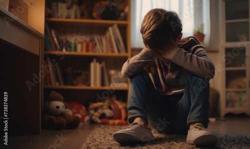 A young child with head in hands sitting in the corner of his room in a depression stress or frustration, bullying at school problem photo