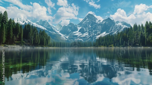 A crystal-clear mountain lake reflecting the snow-capped peaks above, surrounded by a dense pine forest.
