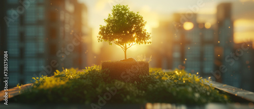Close up view of a miniature tree with solar energy in the middle of city on top of a building. Bonsai tree surrounded by sunlight and energy particle in the middle of buildings.