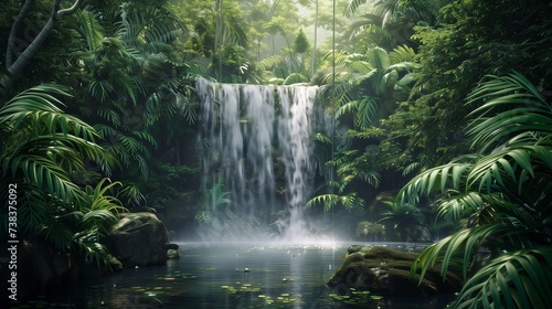 A hidden waterfall deep within a rainforest  surrounded by towering trees and exotic plants.