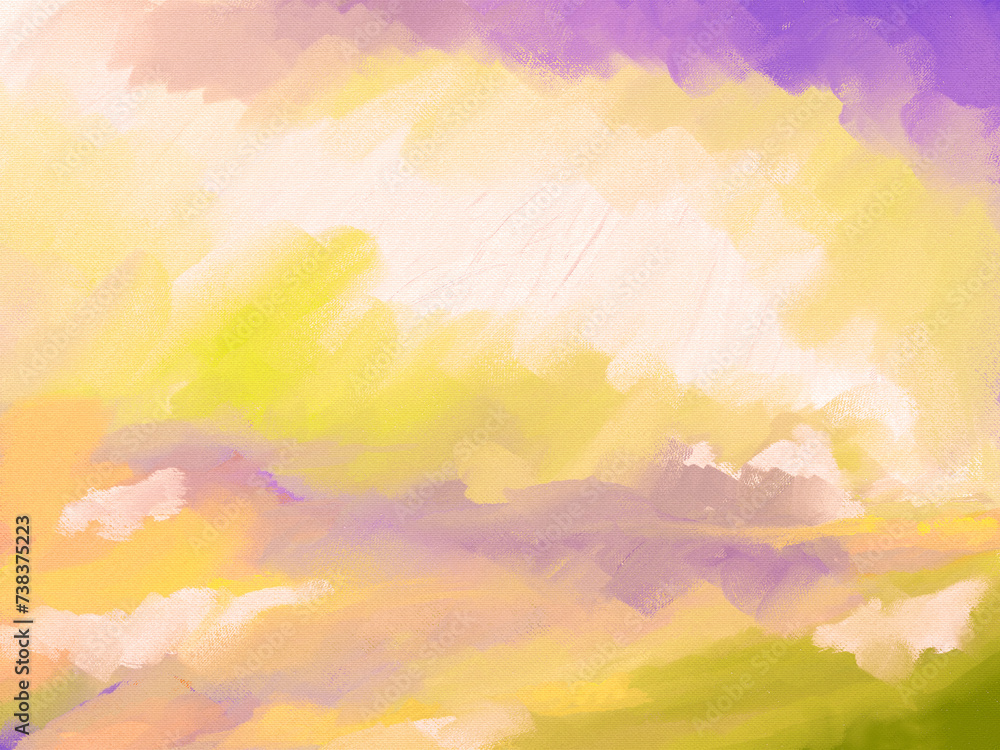 Abstract or Impressionistic Cloudscape in Purple, Lime Yellow & Orange Illustration, Digital Painting, Design, Art, Artwork