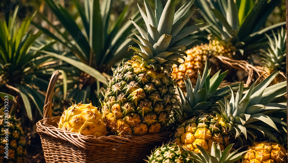 Harvest of fresh pineapples growing in the garden product Harvest of fresh pineapples growing in the garden product