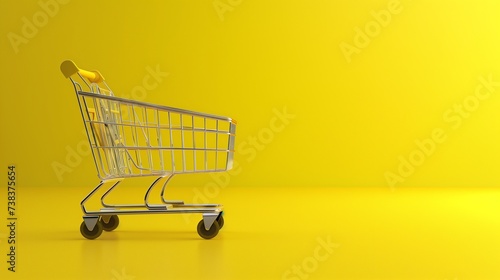 Empty Shopping cart on yellow background, grocery and food store concept.