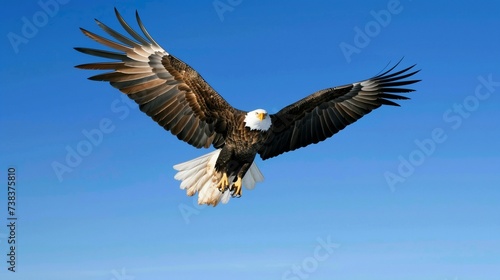 Majestic bald eagle soaring through a clear blue sky, its wings outstretched in a display of freedom. © Eric