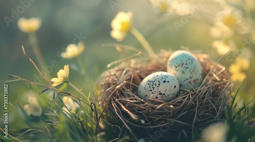 Bright spring day, make an easter egg nest in the grass, easter flowers on a studio backdrop, banner, panorama, and decoration with yellow tones, free Copy Area