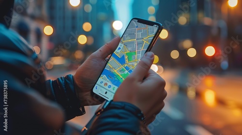Close-up of a driver's hands gripping a cellphone, with the Google Maps navigation app open, as they search for directions against the backdrop of blurred city street lights at night