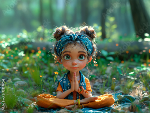 Girl child with big eyes doing yoga in the forest in lotus pose. Generative AI