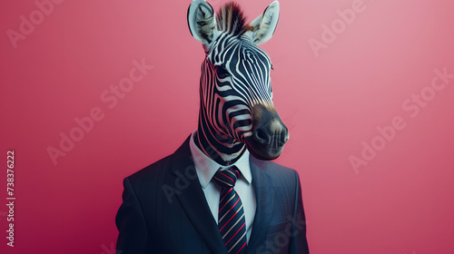 Zebra-Headed Person Dressed in a Suit Posing Against a Pink Background. Anthropomorphic concept