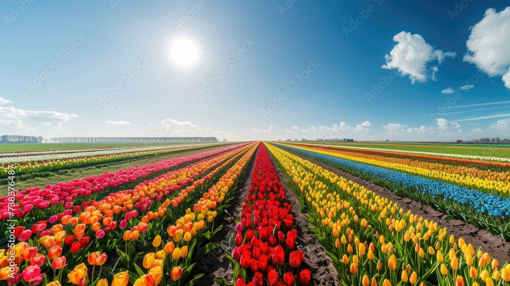 bright sunny day in may with tulip field in various colors