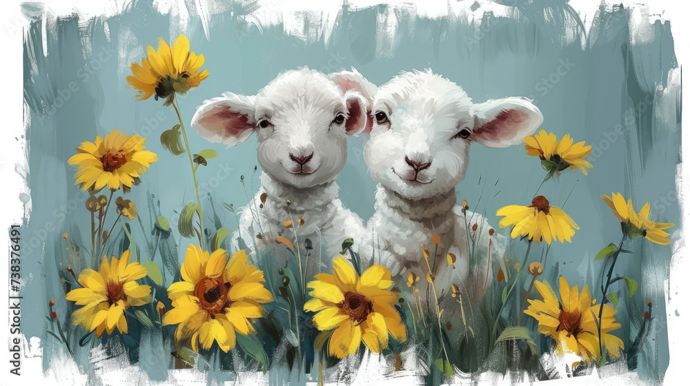 Fototapeta premium Gentle Lamb Frolicking in Meadow: Artistic Drawing Symbol