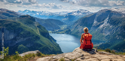 Woman with orange backpack sitting on a ledge and enjoying a scenic, panoramic alpine mountain lake view