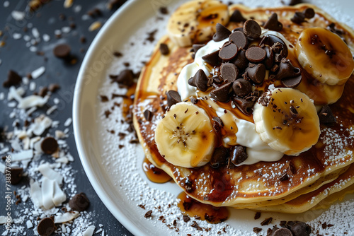Pancakes with caramelized bananas, natural yogurt, chocolate chips and coconut chips on a white plate. View from above