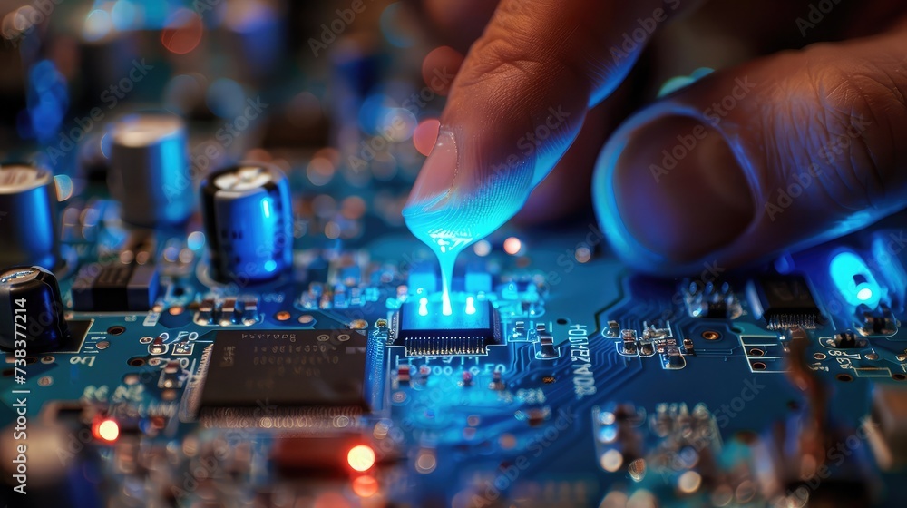power mans finger is charging passive circuit board with blue energy power mans finger is charging passive circuit board with blue energy