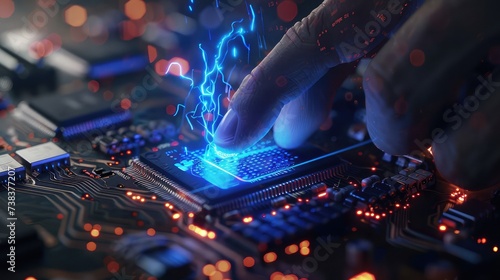 power mans finger is charging passive circuit board with blue energy photo