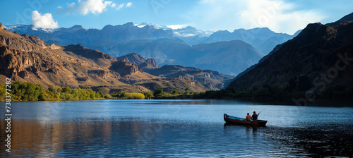 Fishing from a rowboat on a scenic southwestern desert mountain lake © Gary