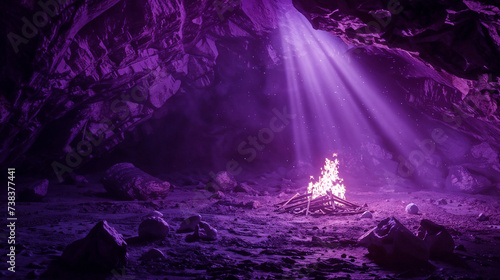 Enchanting Solitary Bonfire Amidst Ash and Debris in Mysterious Purple-Hued Otherworldly Fantasy Setting, Illuminating an Enclosed Cave Space With Shadowy Ground