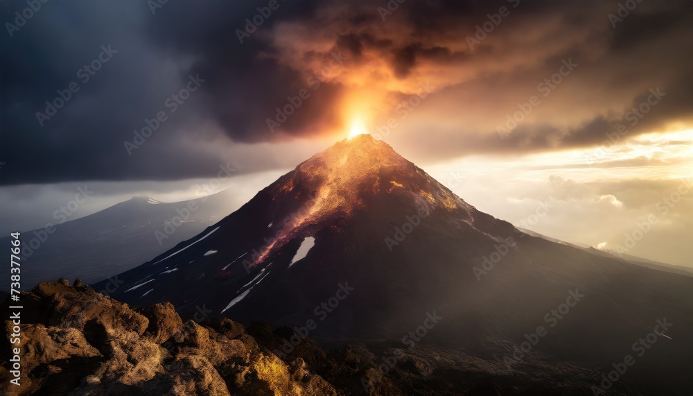 Volcanic peak with glowing lava around, volcano eruption. Generated with AI - obrazy, fototapety, plakaty 