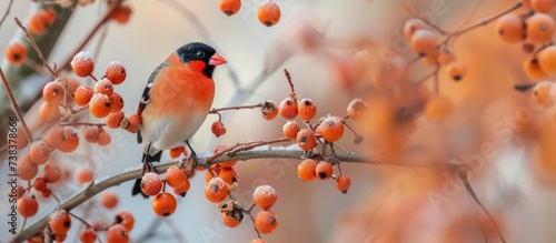 The bullfinch perches and peels seeds on a tree branch. © Sona