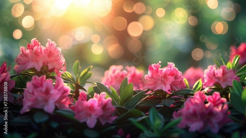 rhododendron bushes with vibrant fuchsia color flowers on a bokeh effect background