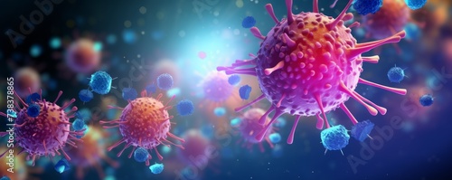 A 3D rendering depicts an immune response, with pink and blue corona shapes illustrating the vibrant and complex battle at the microscopic level. photo