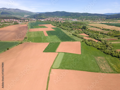 Spring Aerial view of rural land near town of Godech, Bulgaria photo