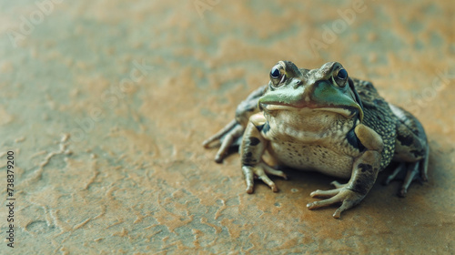 Detailed Macro of Green Frog on Textured Paper Background with Happy Leap Day photo