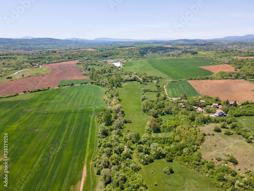 Spring Aerial view of rural land near town of Godech, Bulgaria