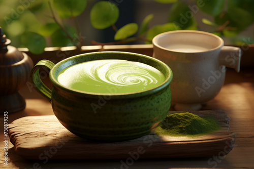 A vibrant green matcha latte in a ceramic cup