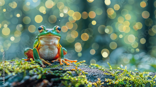 Festive Frog Posing on a Log, Vibrant Green Natural Backdrop with Bokeh Effect, Whimsical and Enchanted Atmosphere, Perfect for Ecology and Environmental Themes, Frog Anthropomorphized