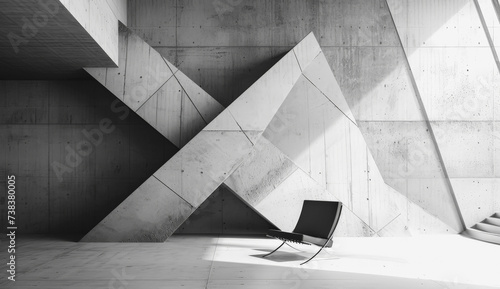 Imagen en blanco y negro de pared de hormigón con formas geométricas en interior de edificio moderno, decorado con una silla negra y escalera lateral de acceso