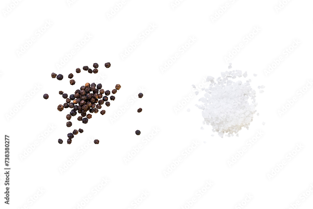 Dried whole seed of black pepper and white coarse sea salt isolated on a transparent background without shadow, seen from above, top view, png - obrazy, fototapety, plakaty 