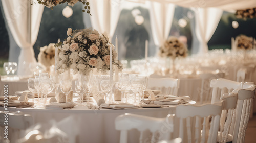Zastawa stołowa na przyjęciu weselnym - dekoracja stołu weselnego w ogrodzie przez florystę i dekoratora. Piękne bukiety kwiatów na stoliku photo