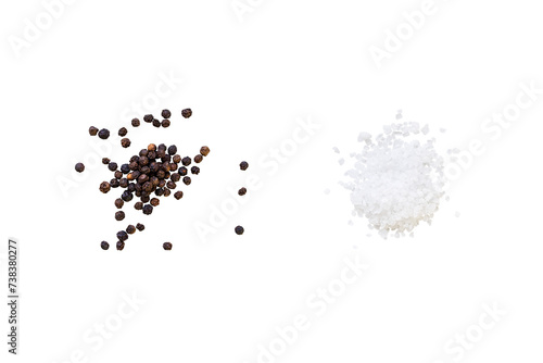 Dried whole seed of black pepper and white coarse sea salt isolated on a transparent background without shadow, seen from above, top view, png