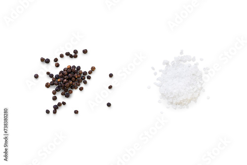 Dried whole seed of black pepper and white coarse sea salt isolated on a transparent background with shadow, seen from above, top view, png photo