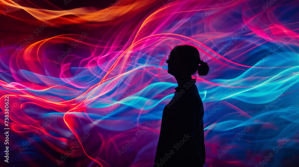Dynamic Light Painting Photography - Long Exposure Artistic Image with Vibrant Blue and Pink Swirls, Illuminated Profile of Silhouetted Person Interacting with Colorful Trails in Dark Background